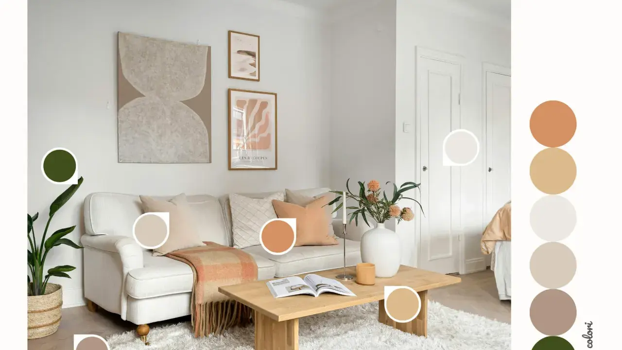 Idee per abbinamenti imbiancare casa: soggiorno accogliente con divano beige, plaid arancio e tocchi verdi.