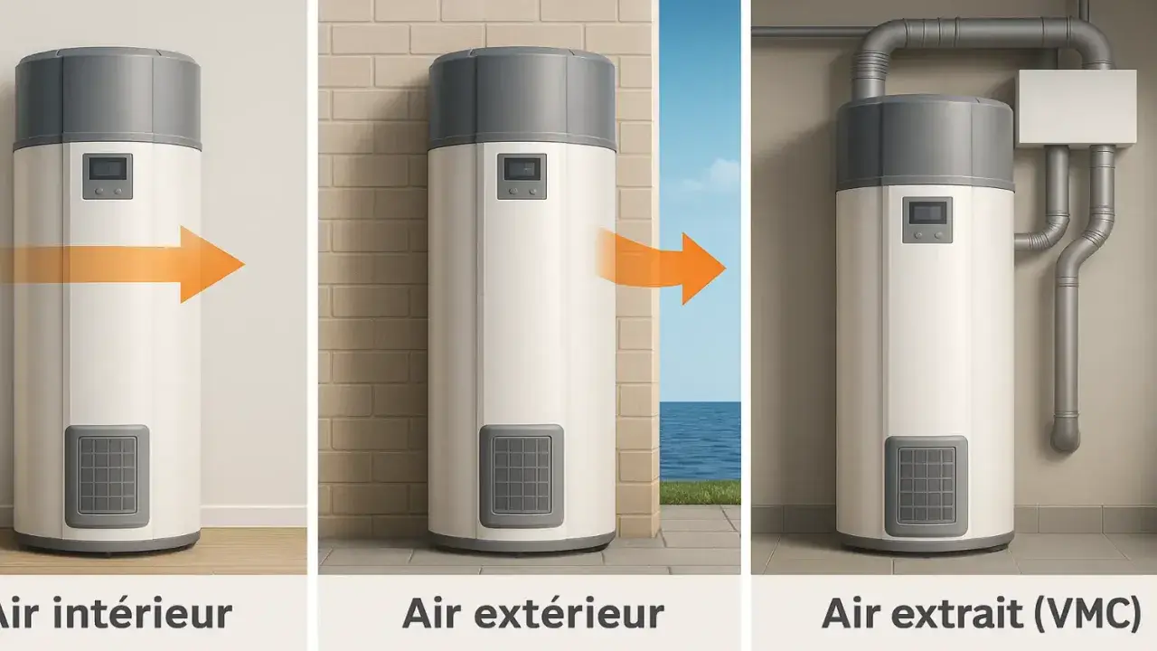 Schéma montrant comment brancher VMC sur ballon thermodynamique : air intérieur, air extérieur, air extrait.