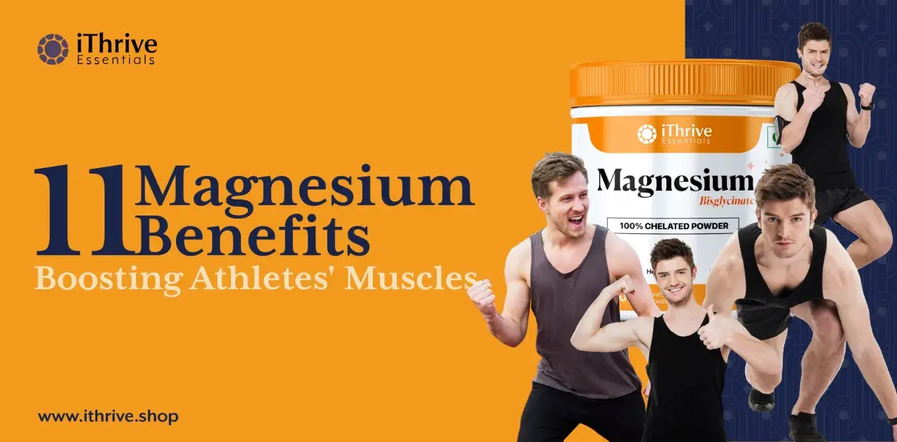 11 Magnesium-Vorteile für den Muskelaufbau von Athleten. Ein Mann zeigt stolz seine Muskeln neben einer Magnesium-Dose.