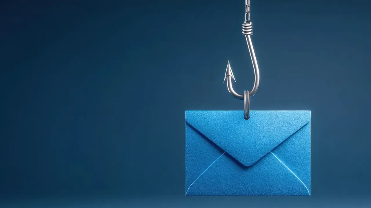 Ein blauer Brief wird von einem Angelhaken hochgehalten, ein Symbol für Social Phishing.