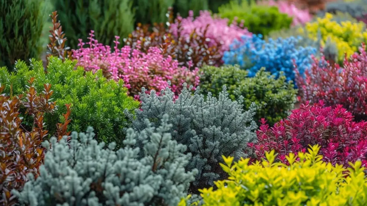 Un parterre coloré de divers arbustes persistants en plein soleil, allant du vert vif au bleu, rose, jaune et rouge.