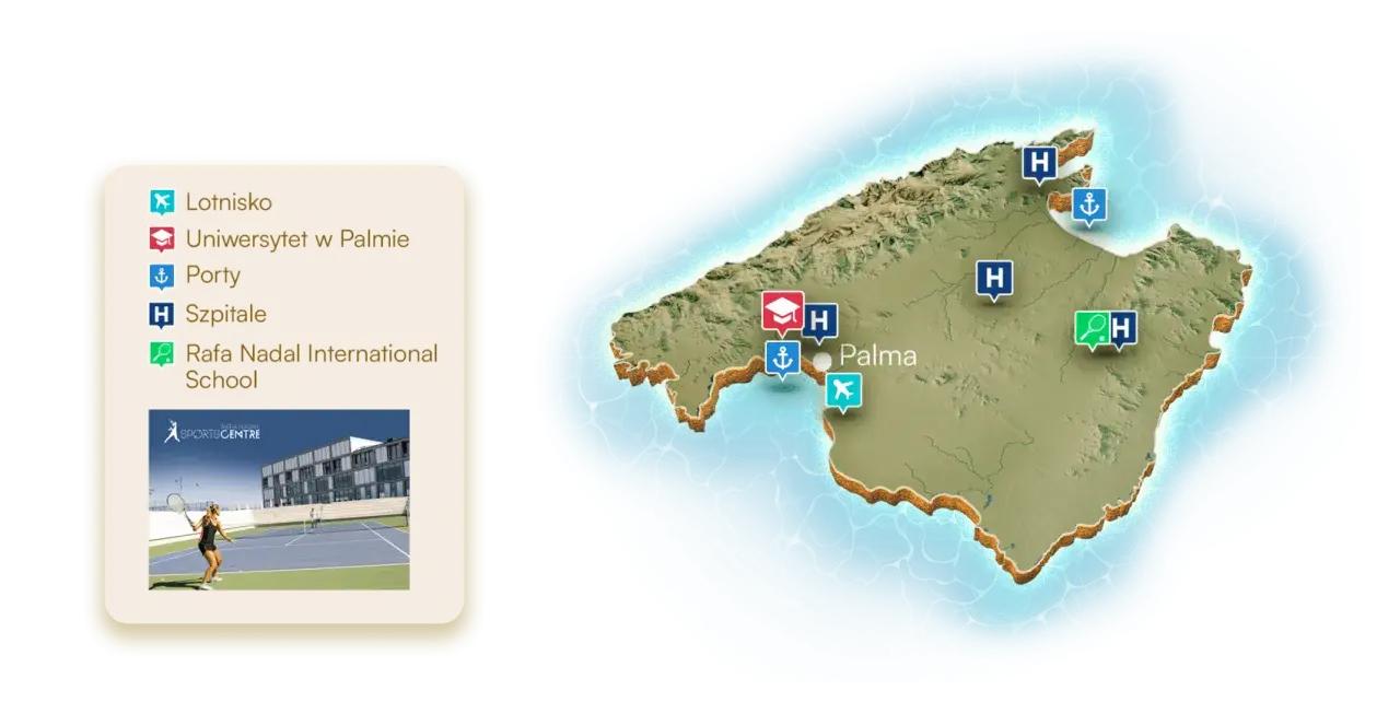 Majorka mapa z zaznaczonymi lotniskiem, uniwersytetem, portami, szpitalami i szkołą Rafa Nadal International School.