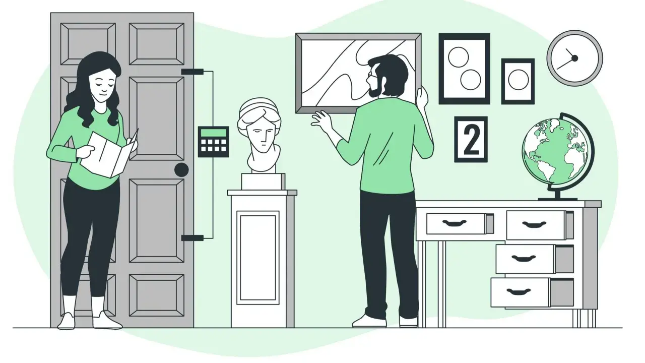 Una pareja resuelve acertijos en una habitación temática, buscando pistas para un escape room familiar.