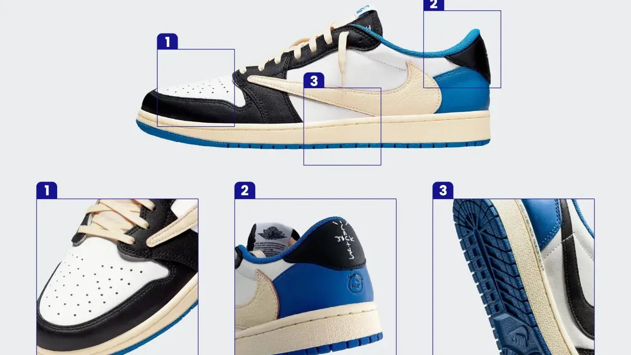 Szczegółowe zbliżenia buta pomagają w jego legit check. Widoczne detale to perforacje na nosku, logo i podeszwa.