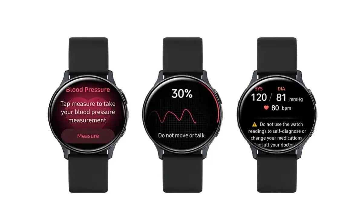 Tre smartwatch mostrano diverse schermate: misurazione pressione, caricamento 30% e risultati. Utili per monitorare le calorie attive cosa sono.