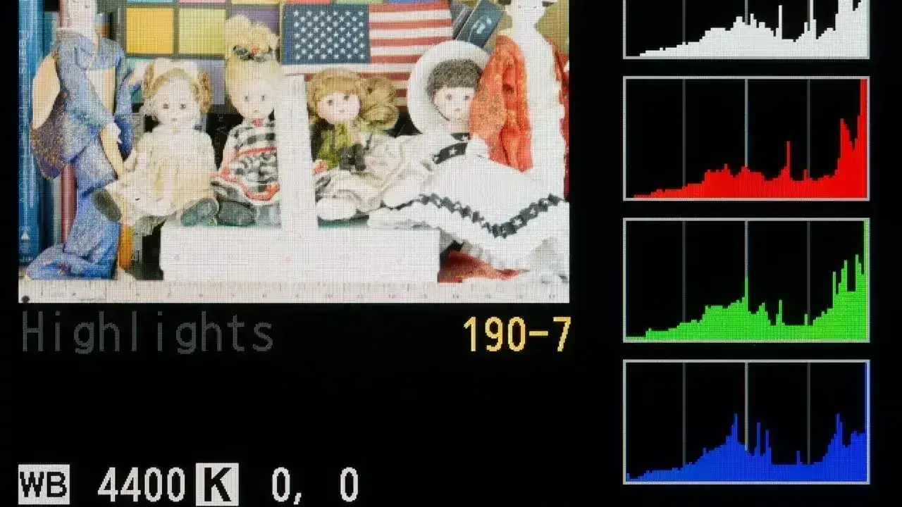 Histogram co to? Wykresy RGB pokazują rozkład jasności na zdjęciu z lalkami i flagą USA.