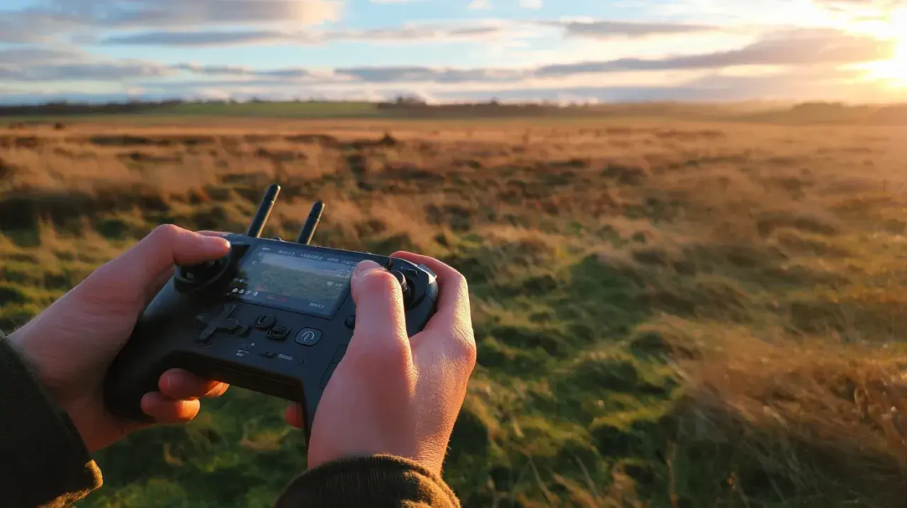 Hände steuern eine Drohne mit einem Controller im goldenen Abendlicht. Eine tolle droniq app alternative für Drohnenpiloten.