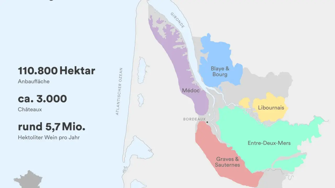 Karte des Bordeaux Weinbaugebiets mit Anbauflächen wie Médoc, Graves & Sauternes, Entre-Deux-Mers.