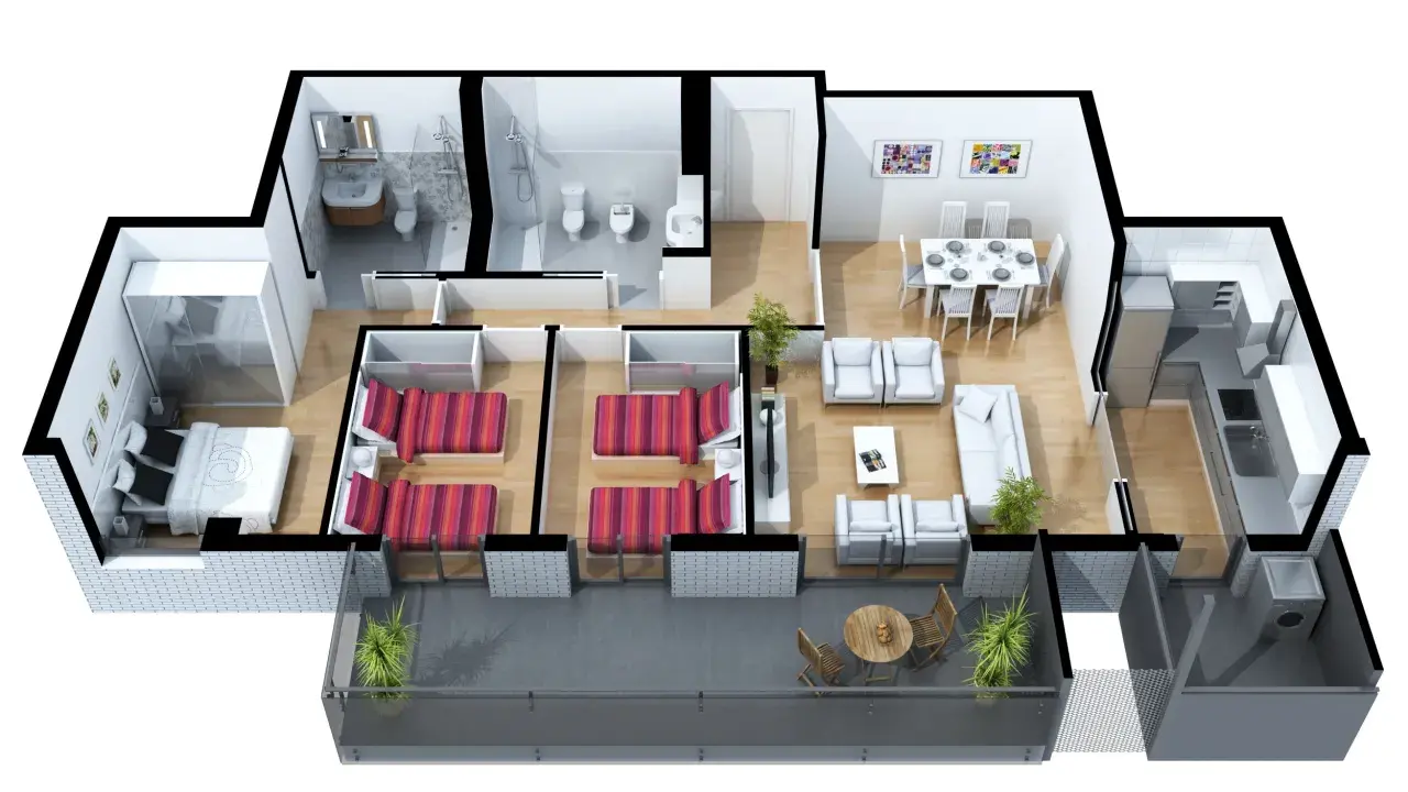 Plano de una vivienda con dormitorio principal, dos habitaciones, dos baños, salón, comedor, cocina y terraza. Ideal para saber donde ver los metros cuadrados de una propiedad.