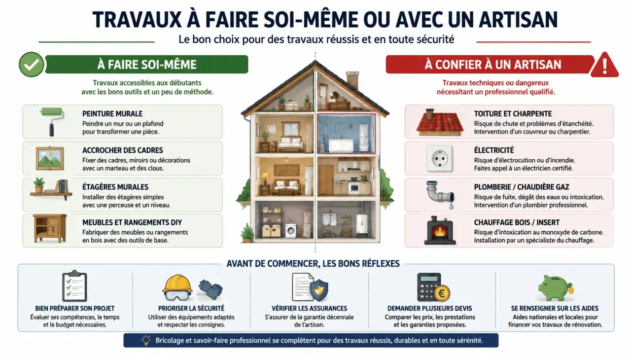 Guide comparatif pour **faire ses travaux soi même** ou confier les à un artisan. Illustre les tâches DIY et celles nécessitant un pro.