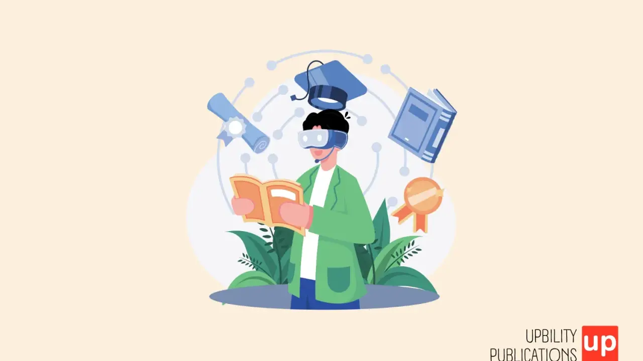 Un ragazzo con visore VR legge un libro, circondato da simboli di studio: cappello, diploma, libro e medaglia. Un'illustrazione che evoca l'idea di studiare e imparare, quasi come disegnare sul computer.