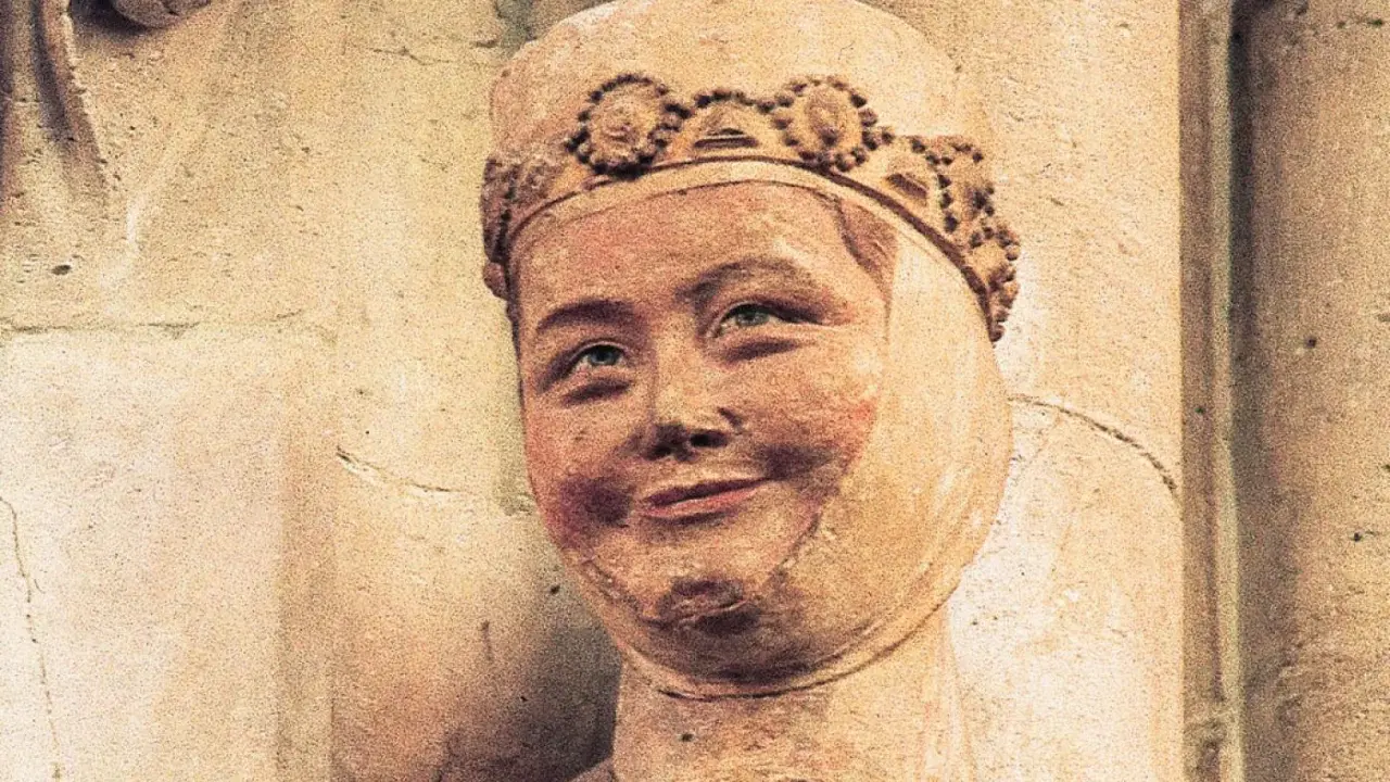 Kamienna rzeźba bł. Salomei z uśmiechniętą twarzą i ozdobną koroną.