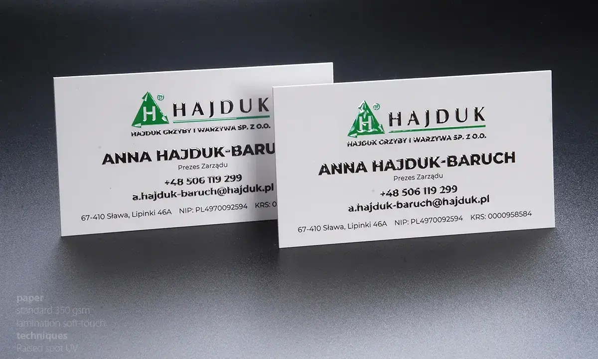 Wizytówki z efektem lakier uv 3d, prezentujące dane kontaktowe firmy "HAJDUK".
