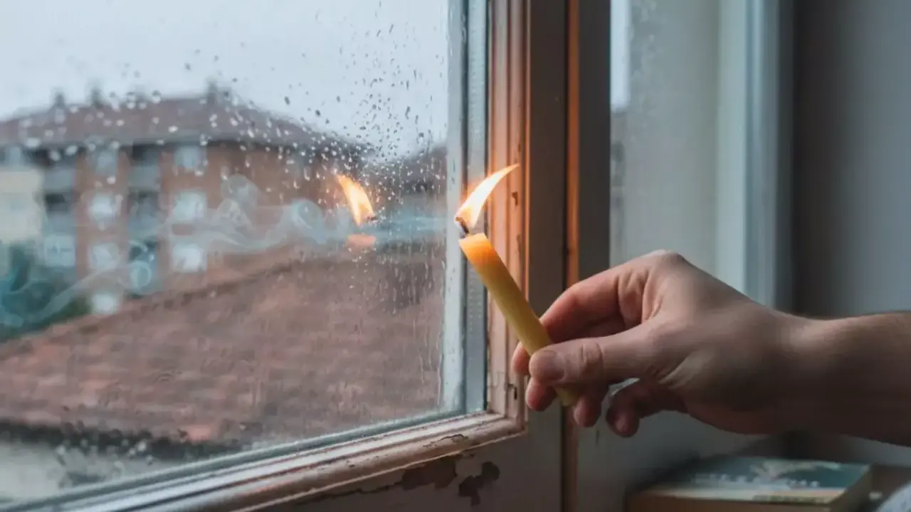 Una vela encendida cerca de una ventana con gotas de lluvia. El humo de la vela se arremolina, y parece que entra aire por la ventana, reflejando edificios en el exterior.