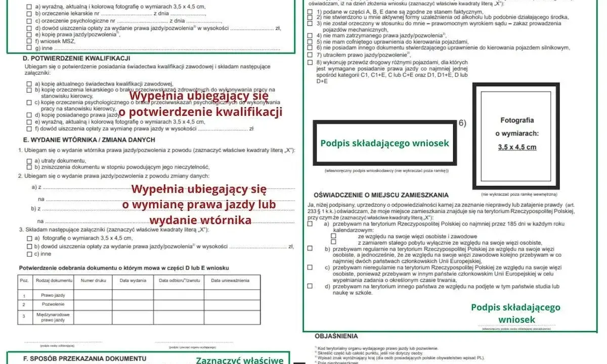 Wniosek o PKK online: zdjęcie dokumentu z polami do wypełnienia, w tym miejsca na fotografię i dane osobowe.