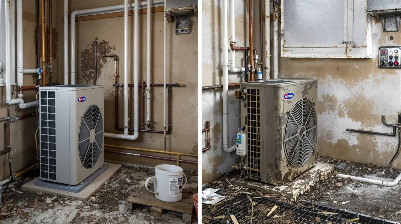 Deux unités extérieures de pompe à chaleur air-air, une blanche et une beige, sont installées dans une pièce sale. Avis négatif sur l'installation.