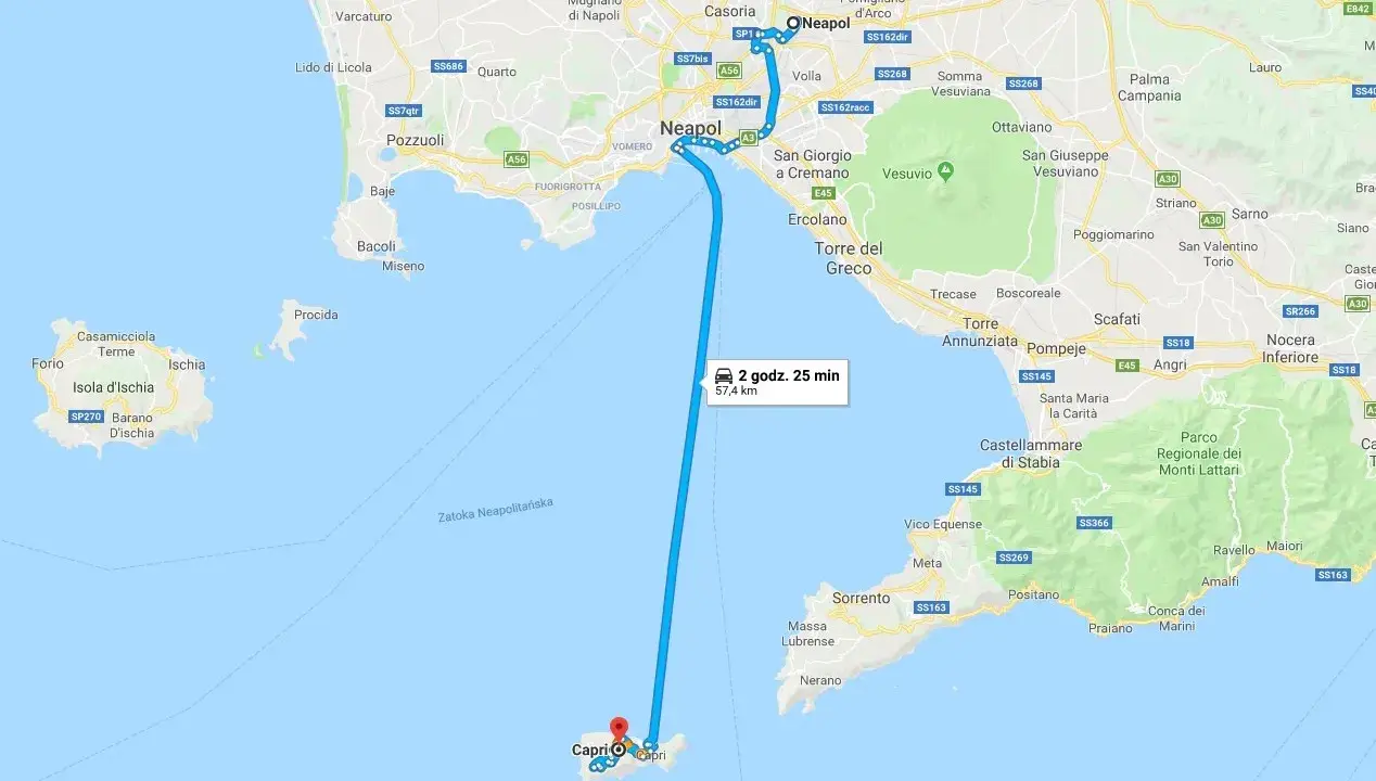Trasa z Neapolu na wyspę Capri, podróż trwa 2 godziny 25 minut.