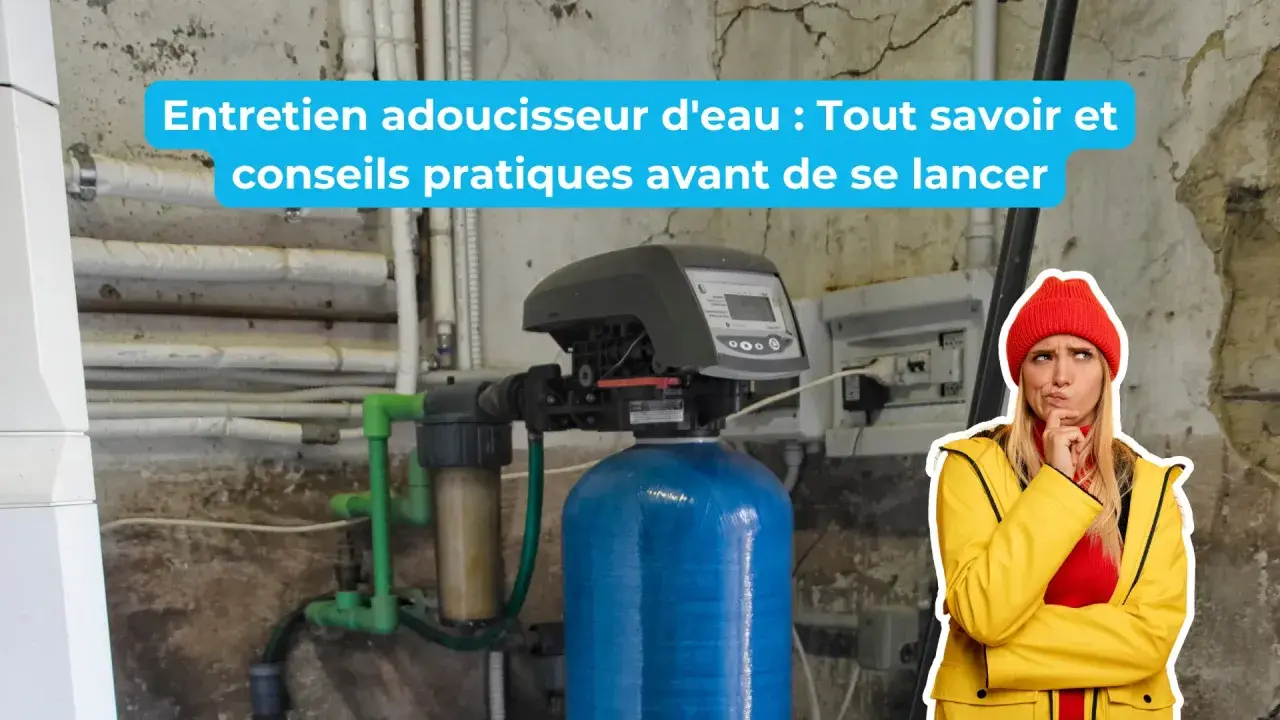 Une femme réfléchit devant un adoucisseur d'eau. Le texte indique "Entretien adoucisseur d'eau : Tout savoir et conseils pratiques".