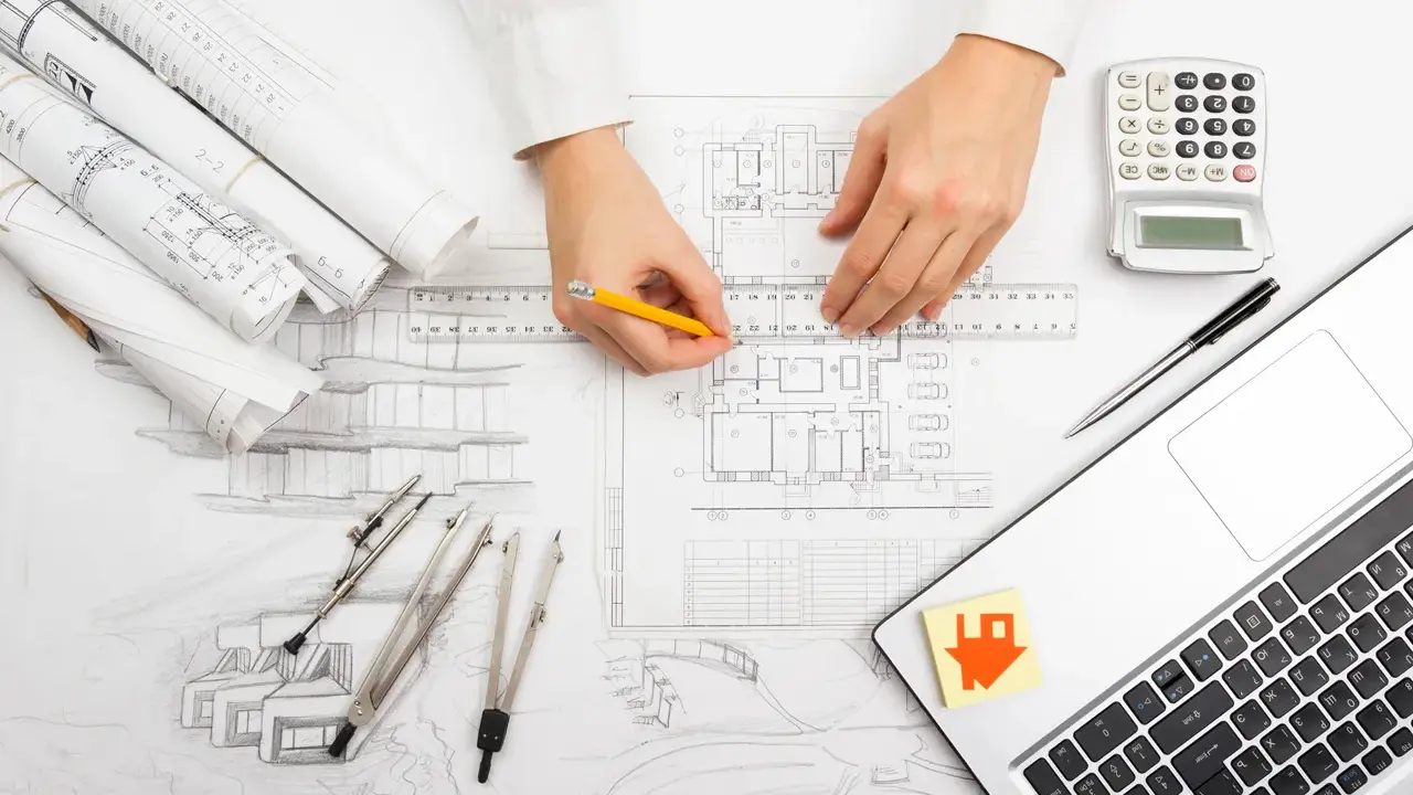 Manos de arquitecto dibujando planos, con calculadora, laptop y bocetos. El significado de "as built" se refleja en la precisión del diseño.