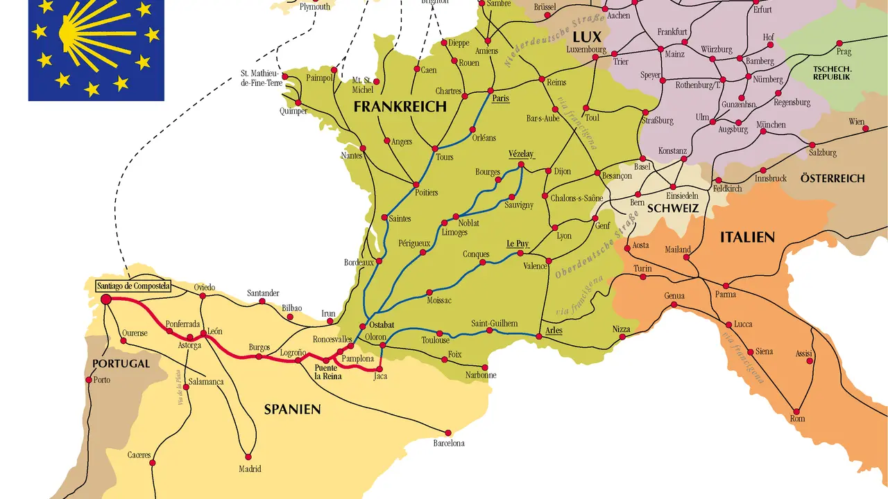 Die Karte zeigt, wo ist der Jakobsweg. Routen verlaufen durch Frankreich, Spanien, Portugal, Italien, Schweiz, Deutschland und weitere Länder.