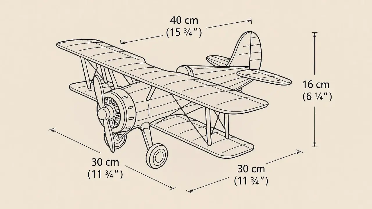 Detailansicht eines Flugzeugmodells als Bauplan. Maße: 40 cm Länge, 16 cm Höhe, 30 cm Breite. Eine perfekte Modell Vorlage.