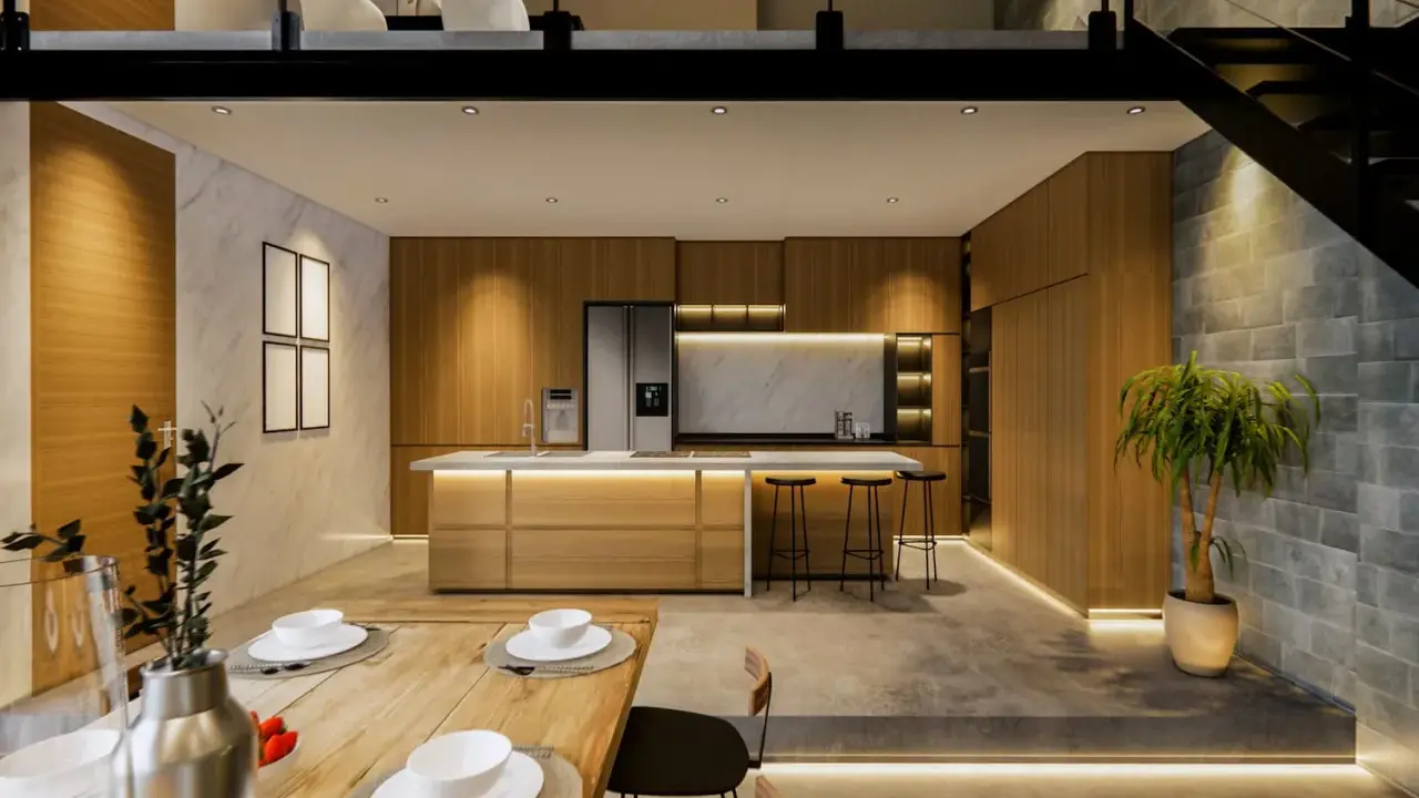 Cuisine moderne et salle à manger dans un **souplex def**. Bois, marbre et béton créent une ambiance chaleureuse. Éclairage LED subtil.