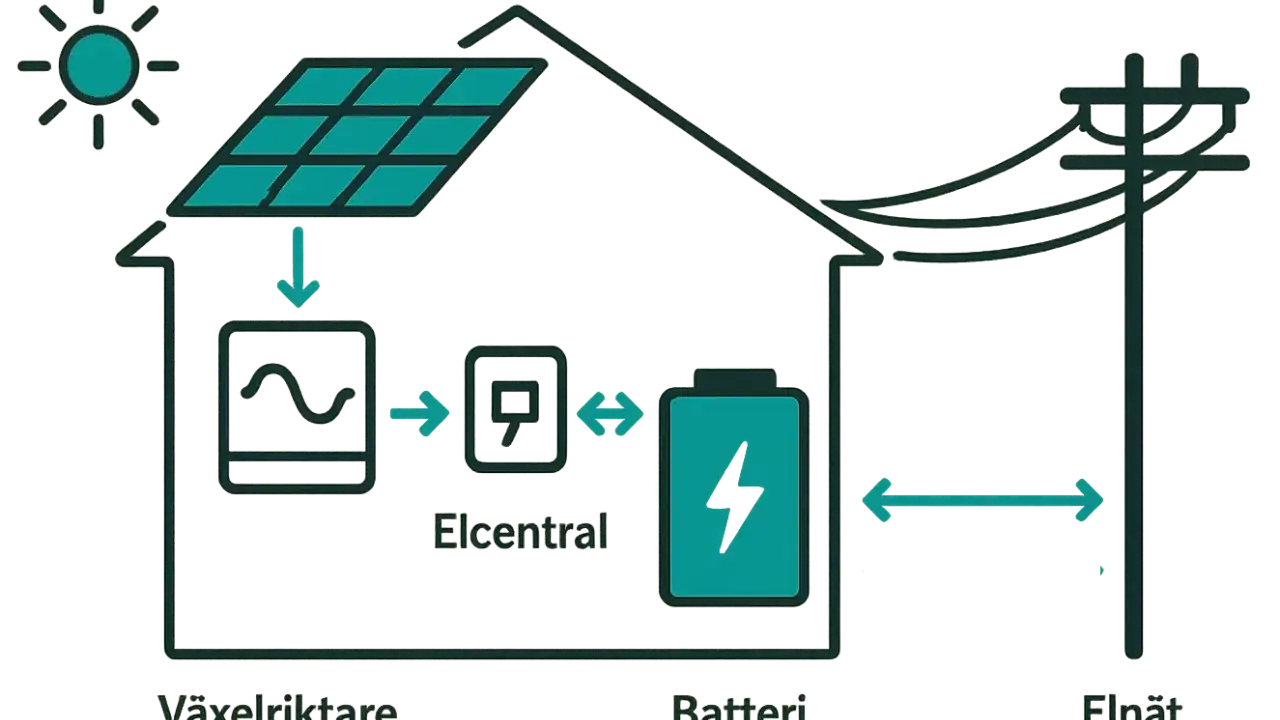 Schema visar hur solenergi omvandlas, lagras i batteri och distribueras till elnätet via elcentral.