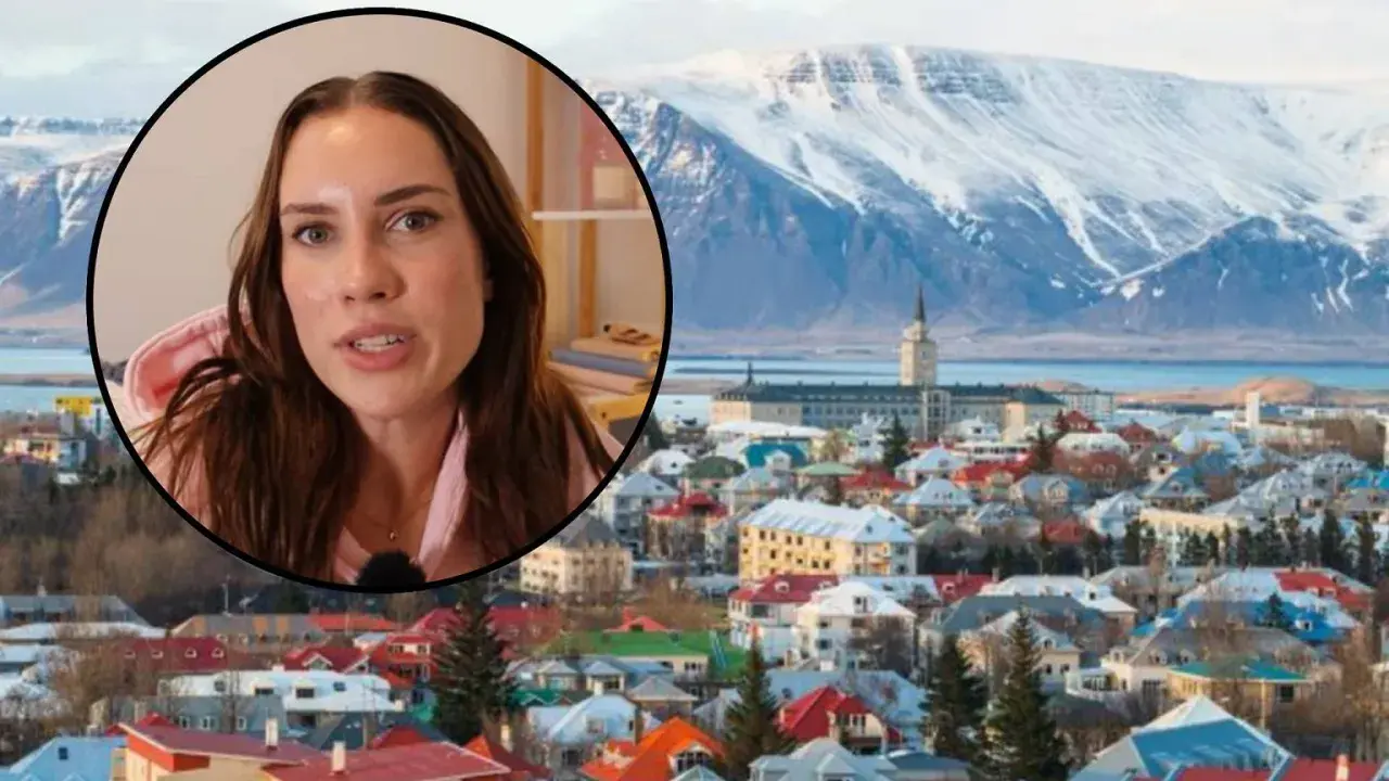 Kobieta opowiada o życiu na Islandii, w tle kolorowe domy Reykjaviku i ośnieżone góry.