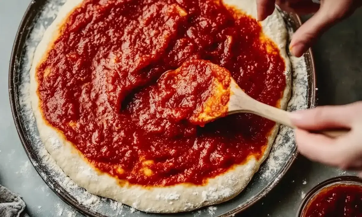 Händer sprider tomatsås på en pizzabotten med en träsked. Snart är det dags för en härlig tomatsås pizza!