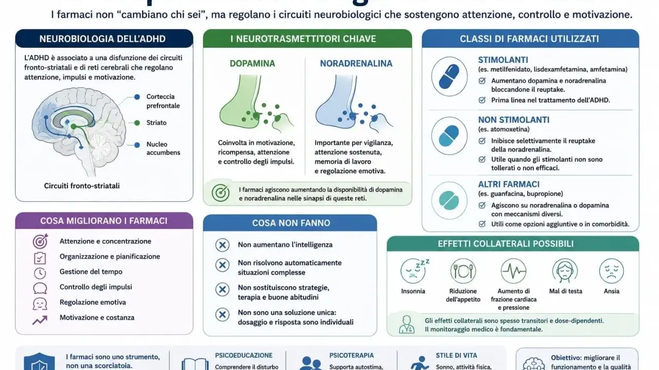 Schema sull'ADHD adulto: neurobiologia, neurotrasmettitori, farmaci, cosa migliorano e non fanno, effetti collaterali e stile di vita. L'ombra cardiaca nei limiti è un aspetto da monitorare.