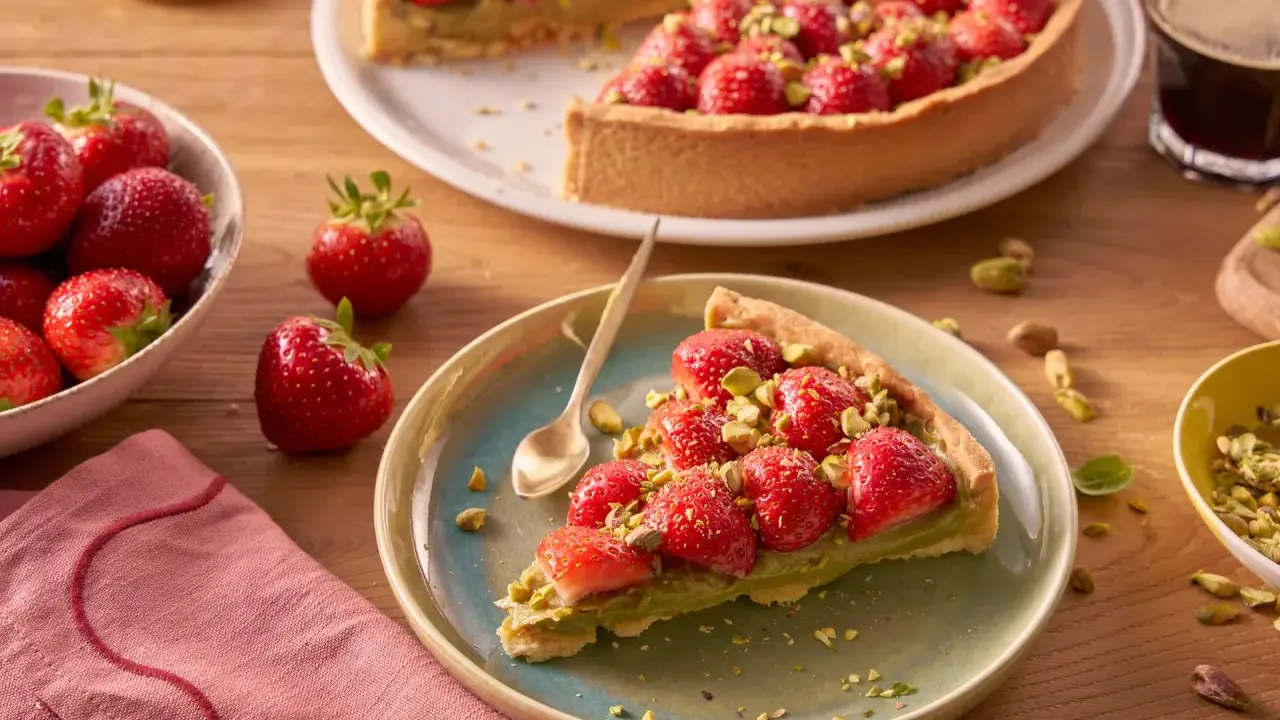 Kawałek tarty z kremem pistacjowym i truskawkami, posypany pistacjami. Obok cała tarta, miseczka z truskawkami i filiżanka kawy.