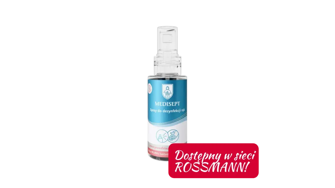 Butelka sprayu do dezynfekcji rąk MEDISEPT z napisem "Dostępny w sieci ROSSMANN!".