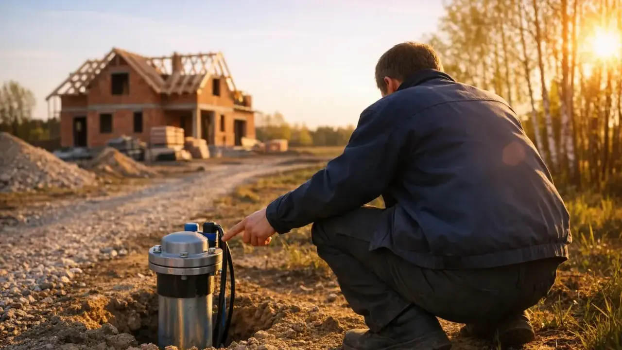 Mężczyzna sprawdza studnię głębinową na budowie domu. Pozwolenie na budowę i dostęp do wody to klucz do sukcesu.