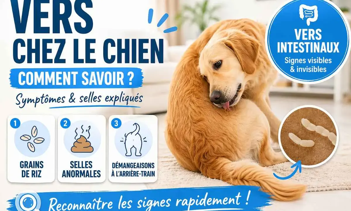 Chien se léchant le flanc, avec des icônes illustrant des vers, des selles anormales et des démangeaisons.