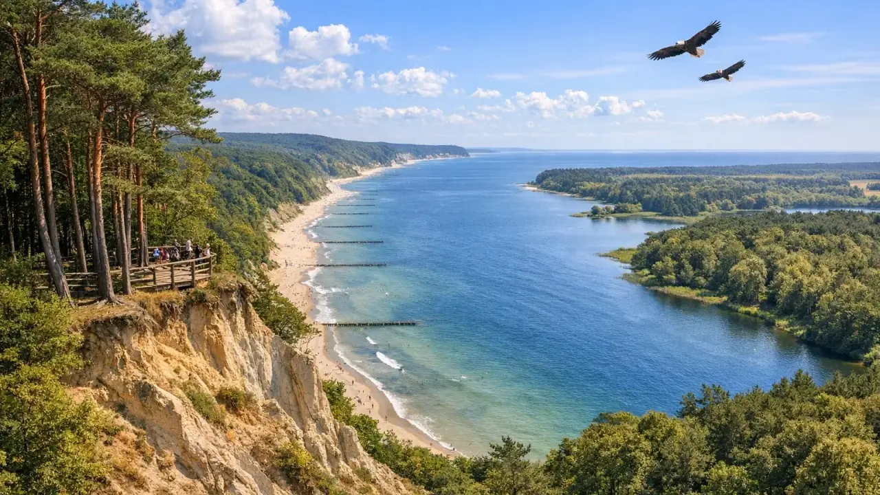 Woliński Park Narodowy: klify, plaża, morze i dwa orły szybujące na niebie. Widok z platformy widokowej.