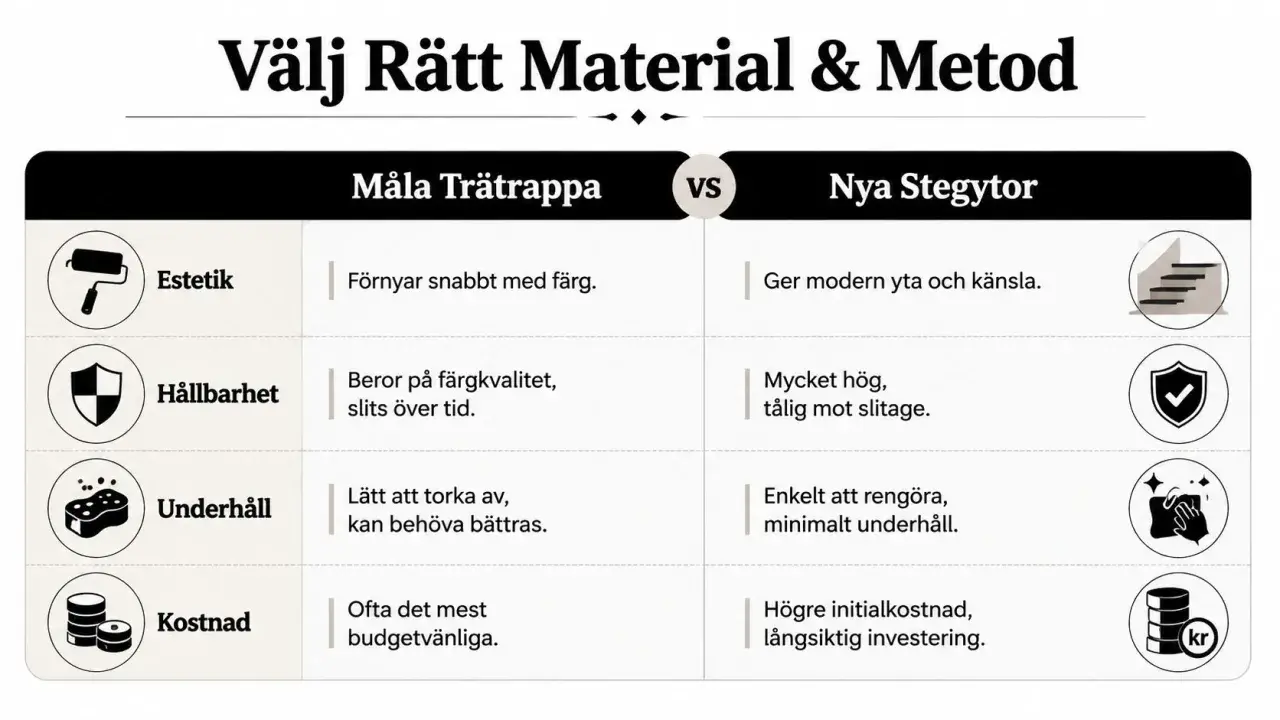 Jämförelse av att måla trappa mot nya stegytor. Fördelar och nackdelar gällande estetik, hållbarhet, underhåll och kostnad.