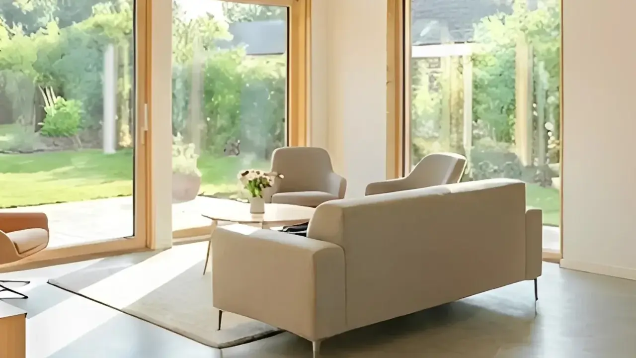 Salón moderno con grandes ventanales que dan a un jardín. Muebles claros y minimalistas. Ideal para aprovechar la luz natural y las deducciones IRPF por eficiencia energética.