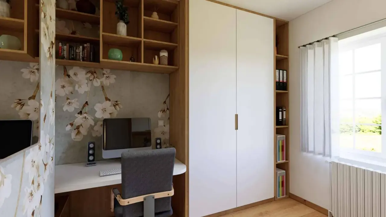 Un bureau fonctionnel pour un espace télétravail lumineux, avec rangements intégrés et une touche décorative florale.