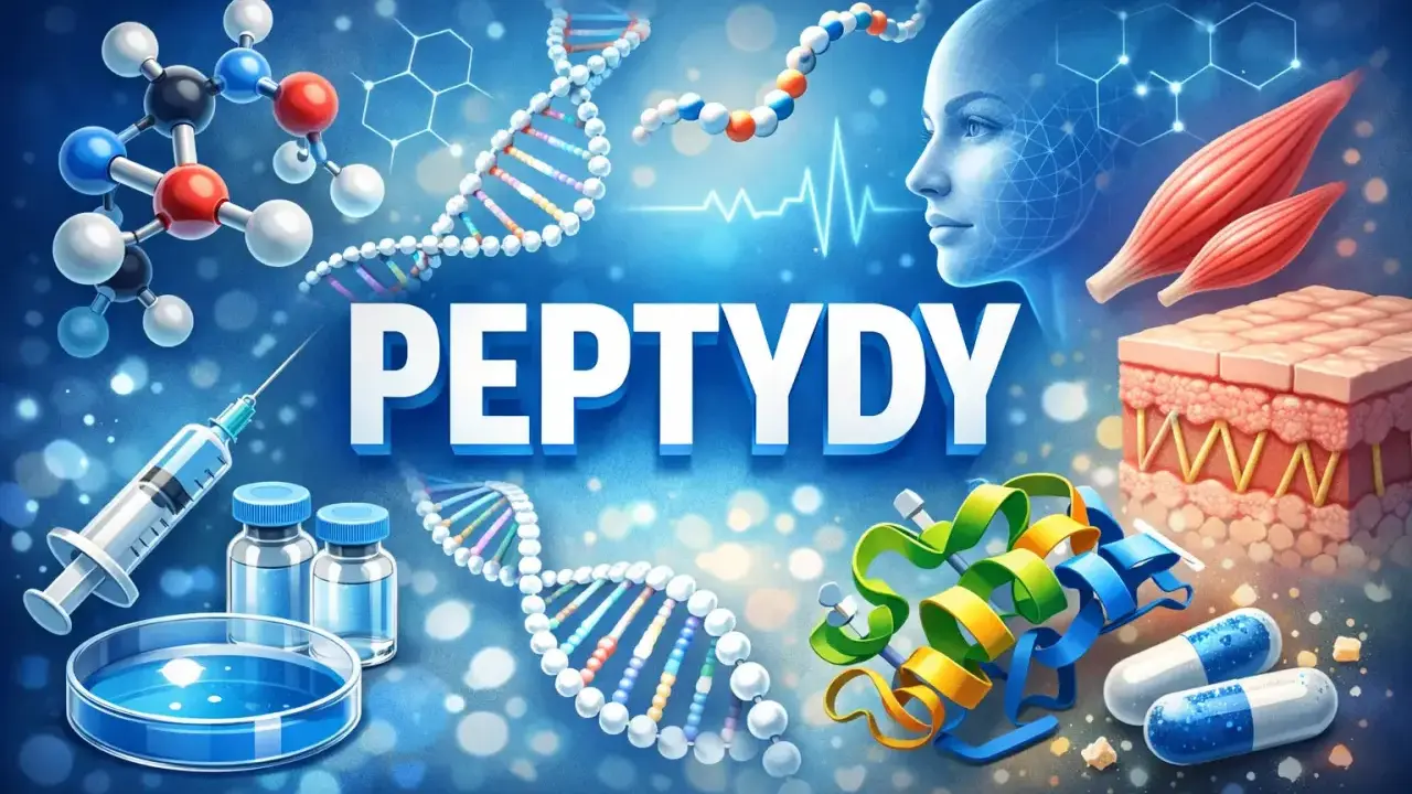 Peptydy sygnałowe w nauce i medycynie: DNA, molekuły, ludzka twarz, mięśnie, skóra, strzykawka, fiolki, kapsułki.
