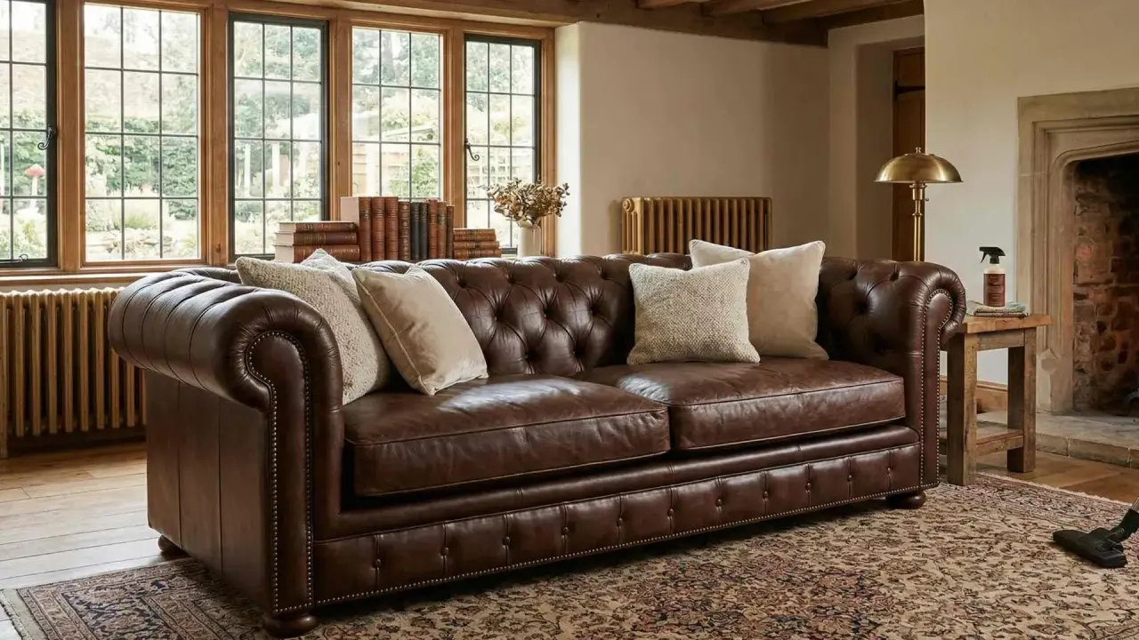 Brun Chesterfield-soffa i anilin skinn med knappad rygg och armstöd. Prydnadskuddar och en antik matta ger en varm känsla.