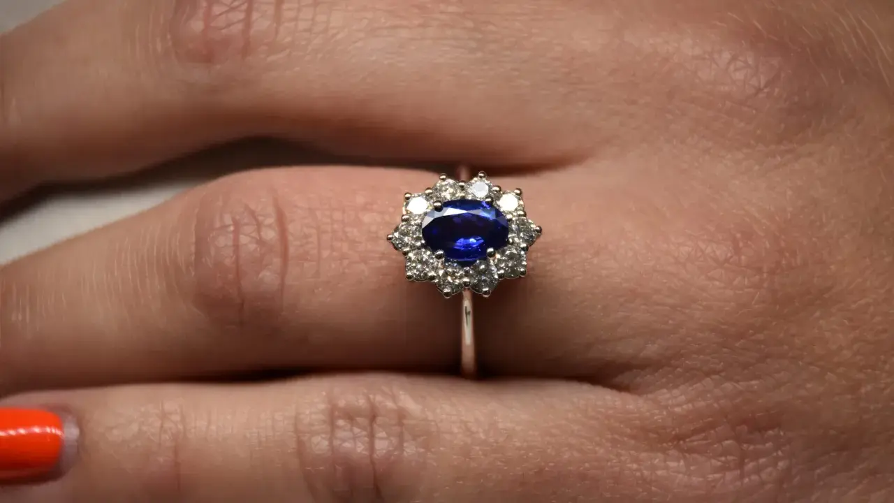 Anello con zaffiro blu intenso e diamanti, un simbolo di saggezza e nobiltà. Il suo significato è profondo.