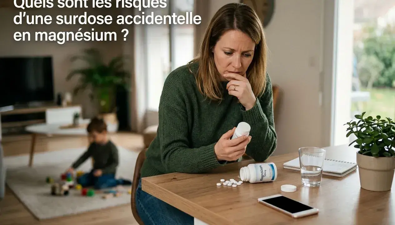 Besorgte Frau liest Beipackzettel einer Magnesium-Dosierung. Ein Kind spielt im Hintergrund.