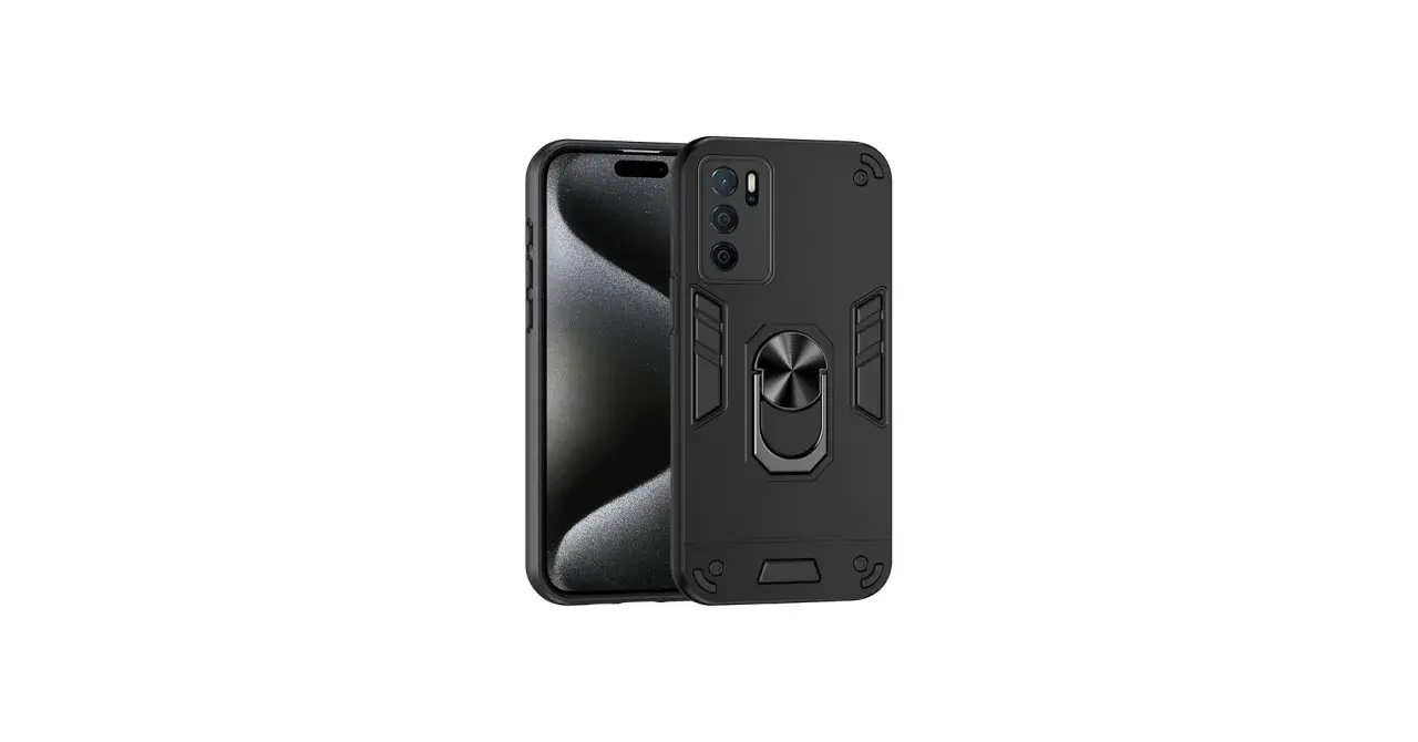 Czarne, wytrzymałe etui na telefon Oppo A16 z pierścieniem na palec i wzmocnionymi narożnikami.