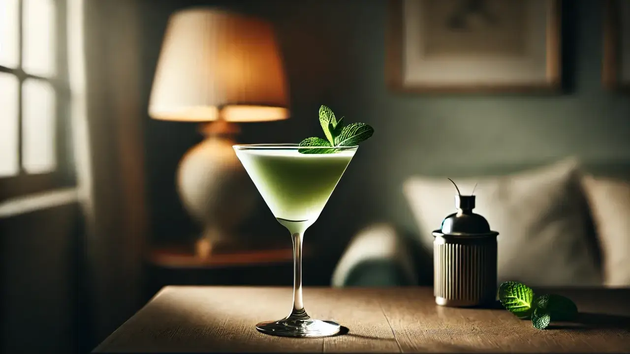 Grön, krämig gräshoppa drink med myntakvist i martiniglas. Bredvid står en metallbehållare och myntablad på träbord.