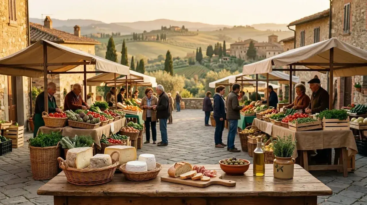 Mercato toscano con prodotti freschi e formaggi, ideale per vacanze enogastronomiche.