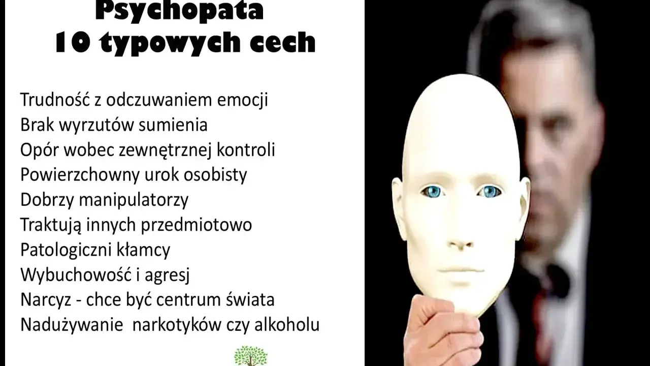 Psychopaci są wśród nas. Obraz przedstawia maskę, za którą kryje się człowiek z listą cech psychopaty: brak emocji, manipulacja, kłamstwa.