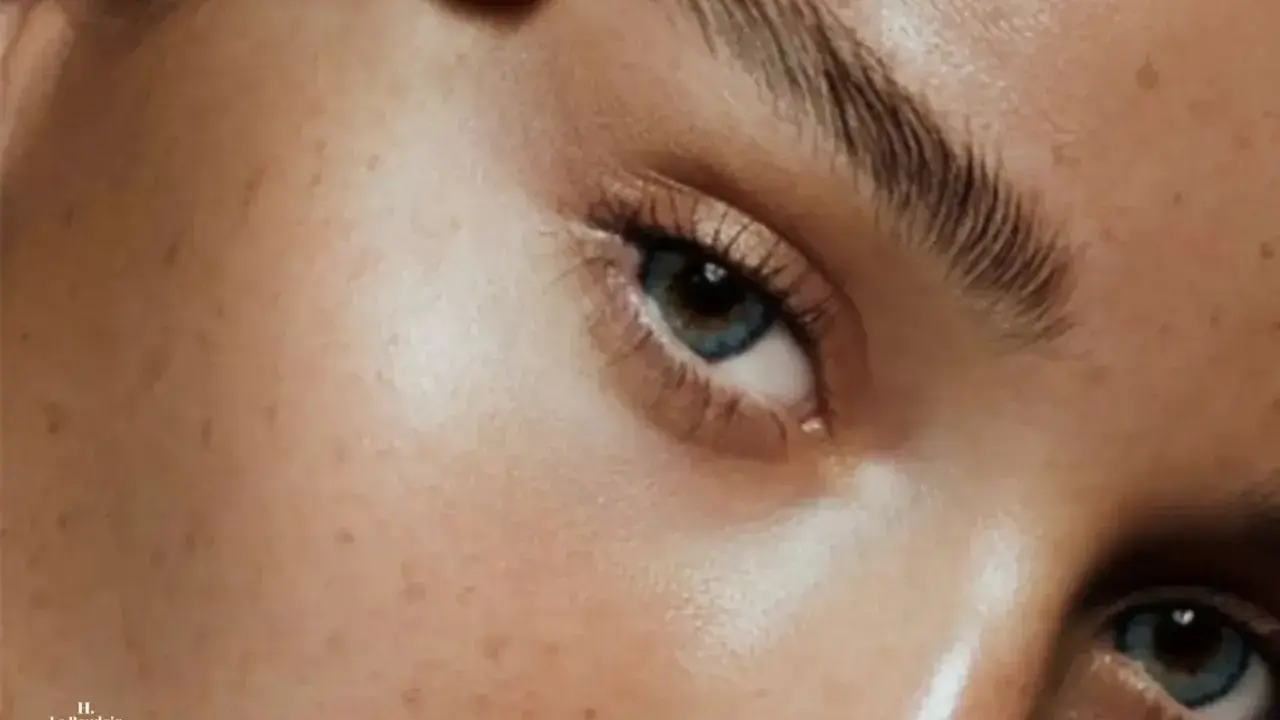 Un gros plan sur un œil avec des lentilles bleues et des sourcils parfaitement définis après un soin pour teindre sourcils.