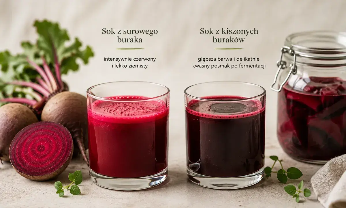 Sok z buraka na co? Dwa szklanki z sokiem: jeden z surowego buraka, drugi z kiszonych buraków. Obok buraki i słoik z kiszonkami.