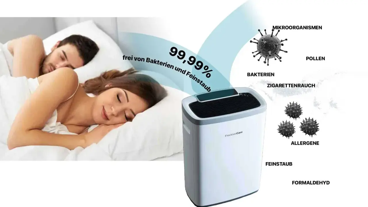 Ein Paar schläft friedlich, während ein Luftreiniger das Schlafzimmer putzen hilft, 99,99% der Bakterien und Feinstaub zu entfernen.
