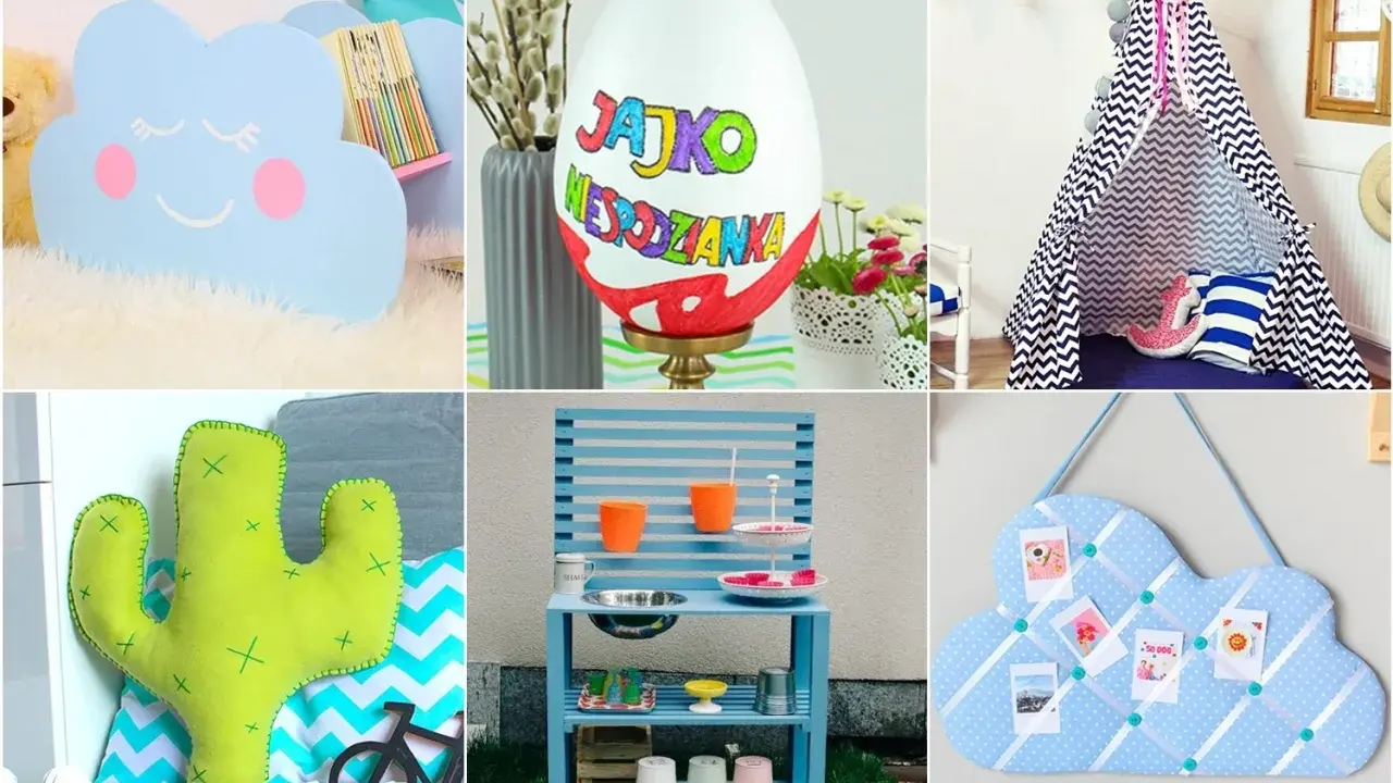 Sześć zdjęć z pomysłami na prezenty DIY dla noworodka: chmurka, jajko, tipi, kaktus, kuchnia i tablica.
